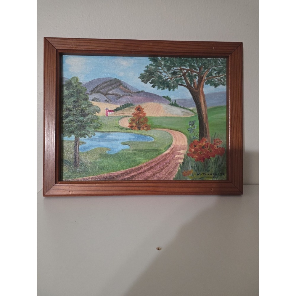 VTG Oil Painting 1970 Of A Field And Stream By M. Tranchita